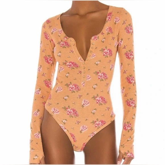 NWOT Free People Dylan Thermal Floral Henley Boho Bodysuit Pink/Peach Size Small - Picture 3 of 5